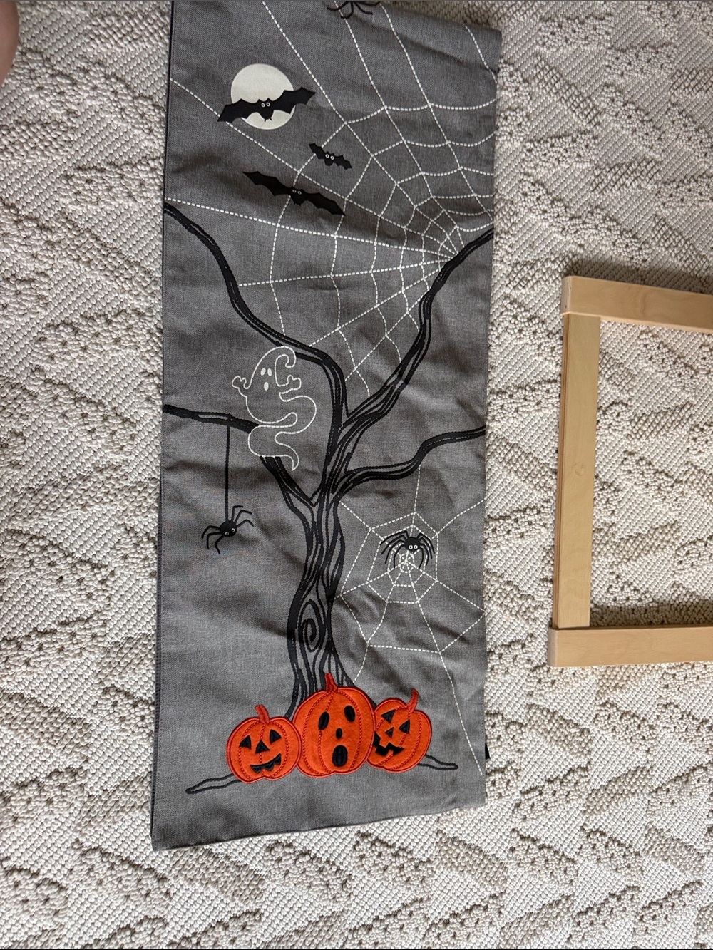 Halloween Pumpkin & Spiderweb Table Runner - Gray and Orange